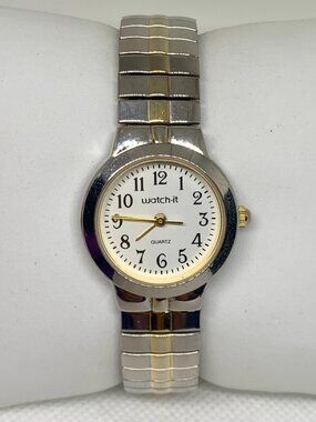 Watch-it women’s watch silver gold tone 25mm round quartz stretch band running